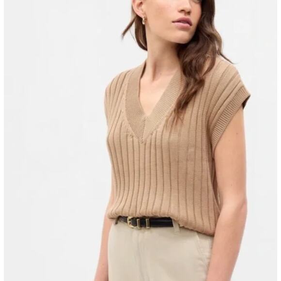 GAP Dolman Ribbed Sweater Vest Brown Small V Neck Cotton Knit Academia Office - Picture 1 of 6